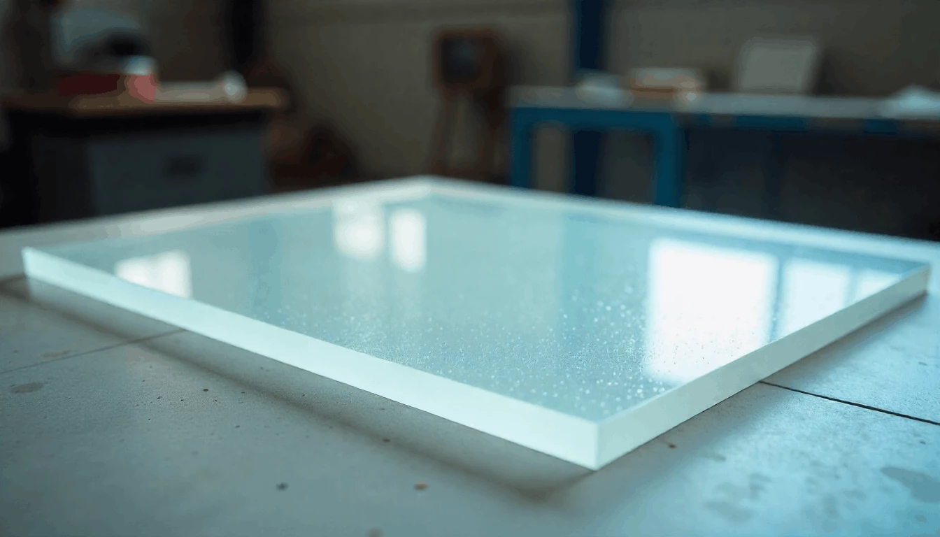 Lembar akrilik transparan terletak di atas meja